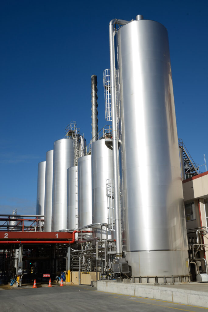 Hokitika, New Zealand, June 27, 2016: Storage silos at the Westland Milk Products factory  in Hokitika, New Zealand ready for deliveries of fresh milk.
